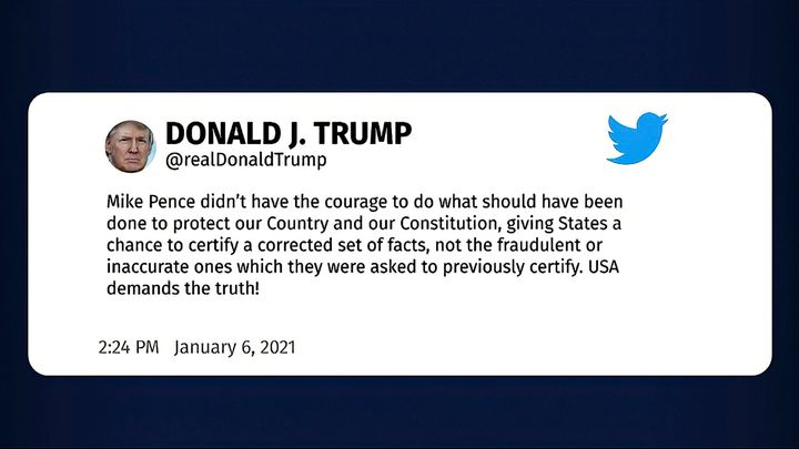 This exhibit from video released by the House Select Committee shows a tweet by former President Donald Trump on Jan. 6, displayed at a hearing by the House select committee investigating the Jan. 6 attack on the U.S. Capitol on June 28.