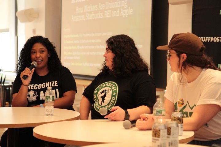 From left to right: Amazon worker Angelika Maldonado, Starbucks worker CJ Toothman and REI worker Emma Kate Harris speaking at "A New Labor Movement."