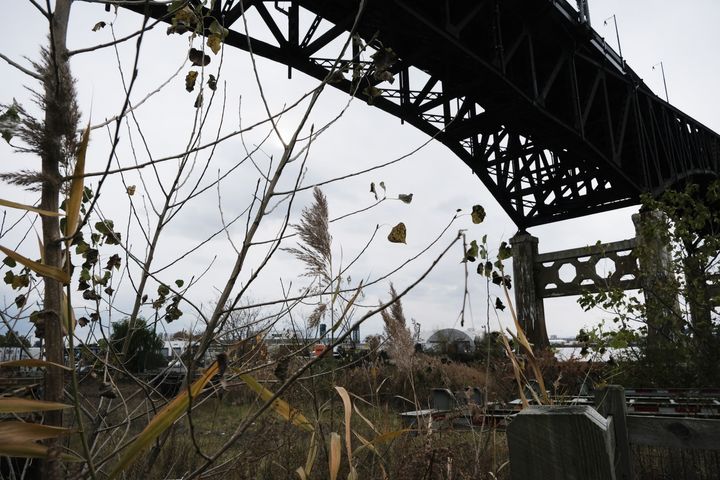 The Pulaski Skyway passes over grasslands on Nov. 22, 2021, in Jersey City, New Jersey.