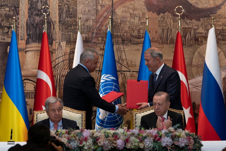 Turkish president Recep Tayyip Erdogan, right, and UN secretary general Antonio Guterres lead a signing ceremony at Dolmabahce Palace in Istanbul, Turkey.