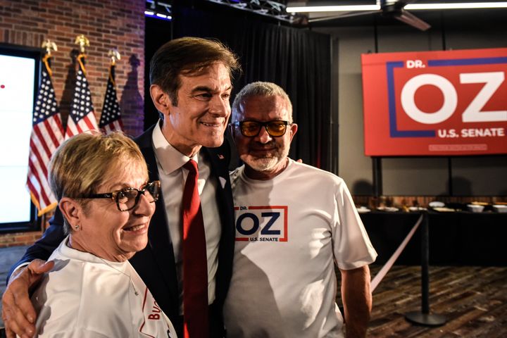 Republican U.S. Senate candidate Mehmet Oz with supporters on May 17 in Newtown, Pennsylvania. He narrowly won his primary and faces Lt. Gov. John Fetterman (D) in the general electiton.