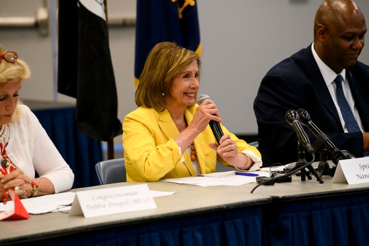 U.S. House Speaker Nancy Pelosi speaks during a UAW panel to discuss a microchip shortage and its impact on automakers in Taylor, Michigan on July 22.