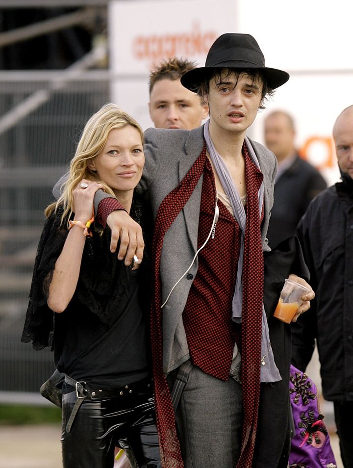 Kate Moss and Pete Doherty at the 2007 Glastonbury Festival at Worthy Farm in Pilton, Somerset. (Photo by Yui Mok - PA Images/PA Images via Getty Images)