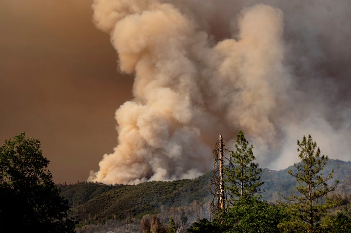 The Oak Fire burns near the Jerseydale community of Mariposa County, Calif., on Saturday, July 23, 2022. (AP Photo/Noah Berger)