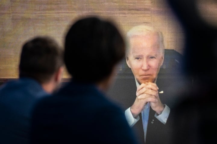 U.S. President Joe Biden participates virtually in a meeting with his economic team in the South Court Auditorium of the White House campus July 22, 2022 in Washington, DC.