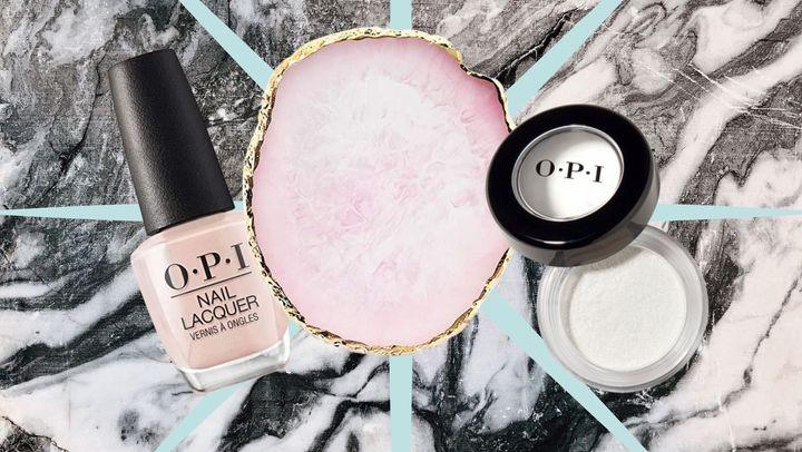In order to achieve this glazed neutral nail, you will need OPI's Pale To The Chief nail lacquer, a mixing palette and this iridescent powder top coat.