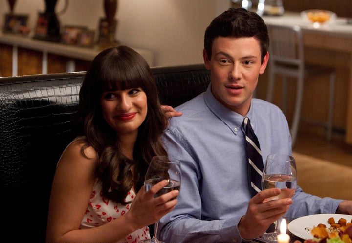 Lea Michele (left) and Cory Monteith on the set of "Glee" in 2012.