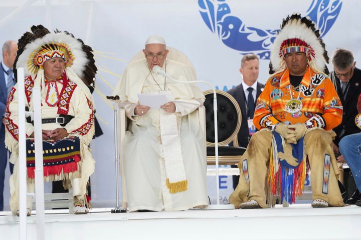 Pope Francis delivers his apology to Indigenous people for the church's role in residential schools during a ceremony in Maskwacis, Alberta Monday.