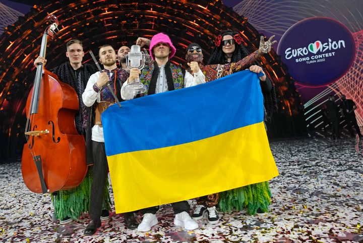 Kalush Orchestra from Ukraine celebrate after winning the Grand Final of the Eurovision Song Contest in 2022.