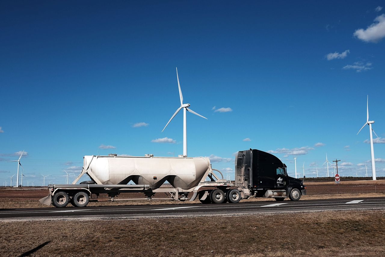 Wind turbines generate power in Colorado City, Texas.