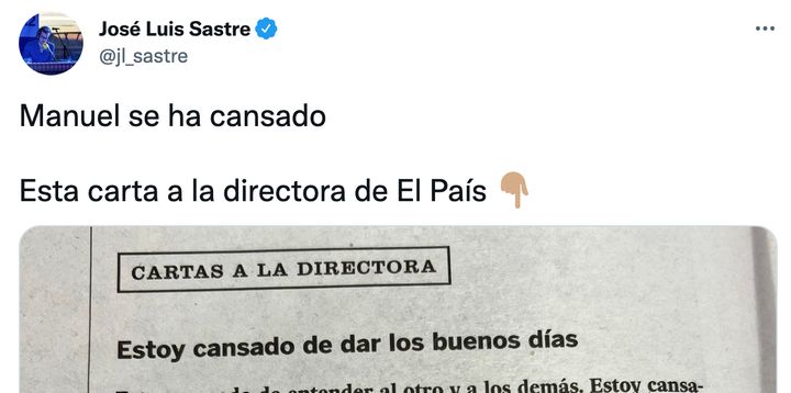 El tuit de José Luis Sastre sobre la carta a la directora de 'El País'.