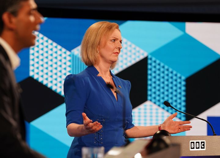 Rishi Sunak and Liz Truss take part in the BBC Leadership debate at Victoria Hall on July 25, 2022.