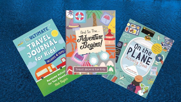 From left to right: The Ultimate Travel Journal for kids, And So...The Adventure Begins, On The Plane activity book.