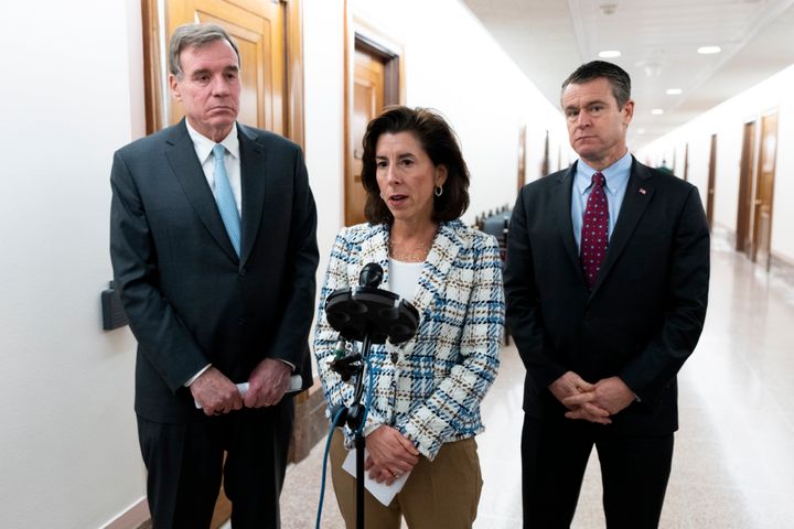 Sen. Mark Warner (D-Va.), Commerce Secretary Gina Raimondo and Sen. Todd Young (R-Ind.) urged lawmakers to support the chips bill. 