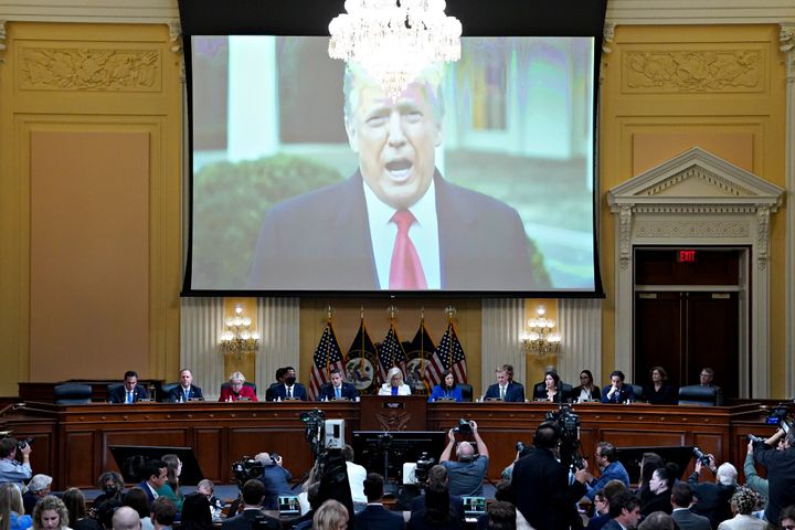 A video of former President Donald Trump is displayed on a screen during a hearing Thursday of the House select committee investigating the Jan. 6, 2021, attack on the U.S. Capitol.