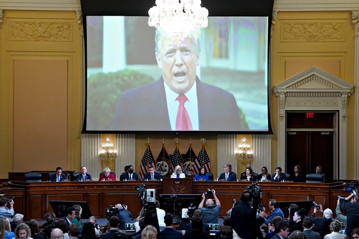 A video of former President Donald Trump is displayed on a screen during a hearing Thursday of the House select committee investigating the Jan. 6, 2021, attack on the U.S. Capitol.