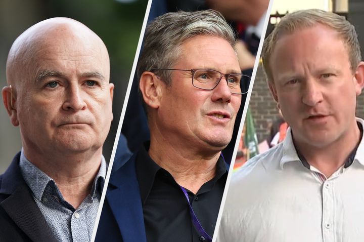 RMT boss Mick Lynch (left) attacked Labour leader Keir Starmer (centre) for “playing up to the agenda of Liz Truss and the right wing press” after sacking Sam Tarry (right).