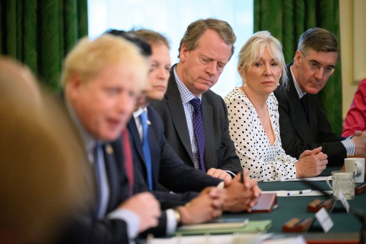 Nadine Dorries looks on as Boris Johnson addresses a cabinet meeting.