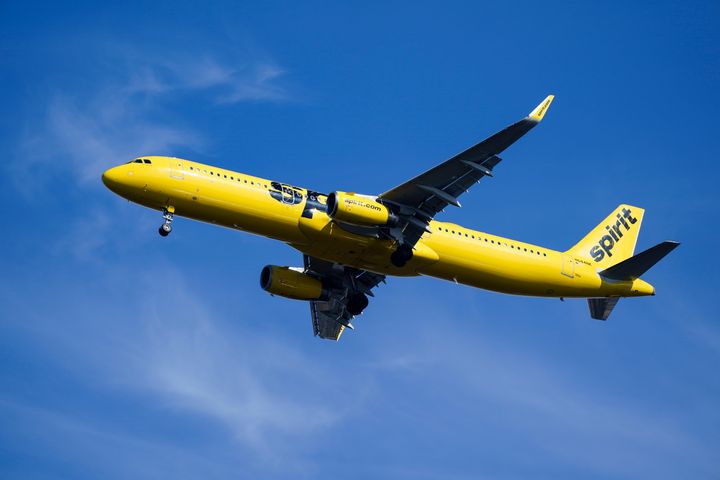 A Spirit Airlines jet approaches Philadelphia International Airport in Philadelphia, Feb. 24, 2021. 