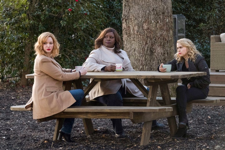 Christina Hendricks as Beth Boland, Retta as Ruby Hill, Mae Whitman as Annie Marks in “Good Girls.”