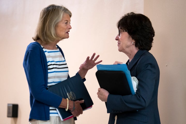 Sen. Susan Collins (R-Maine), seen here on the right talking to fellow Republican Sen. Lisa Murkowski (Alaska), said the news that Democrats are making progress on a tax and climate change bill hurt bipartisan efforts to codify gay marriage, which she and Murkowski support.