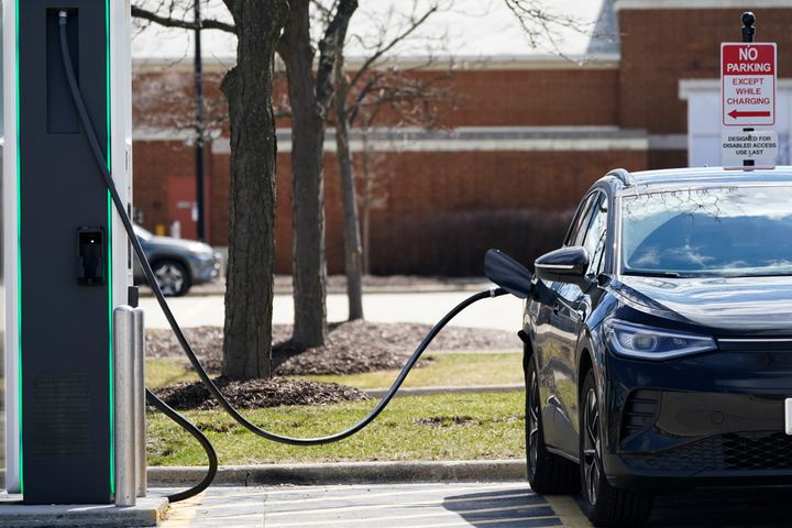 An Electrify America Charging Station for electric vehicle is seen at Woodfield Village Green in Schaumburg, Illinois, Friday, April 1. A wave of new electric vehicle charging stations across the country is coming as interest in alternatives to gasoline-powered vehicles is on the rise and could heighten further due to a global spike in gasoline prices.
