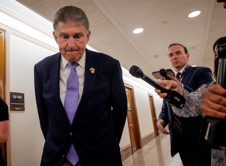 Sen. Joe Manchin (D-WV) faces reporters as he arrives at a hearing in Washington, D.C. earlier this month.