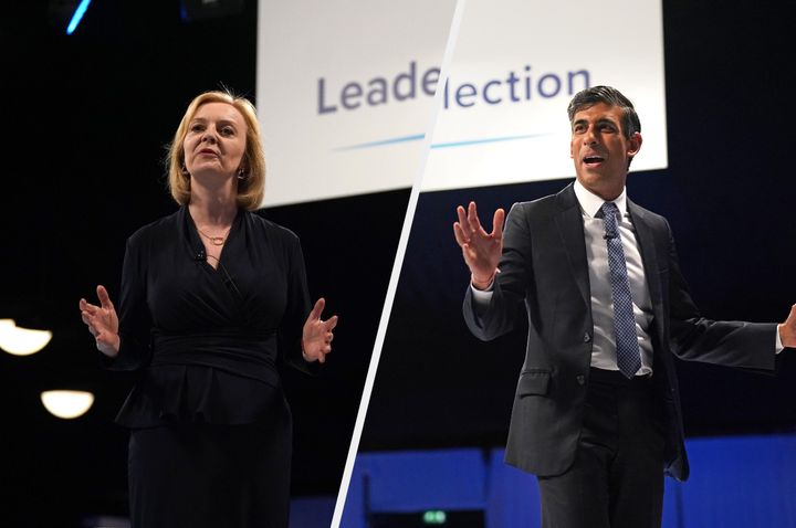 Liz Truss and Rishi Sunak speaking at a hustings event at the Pavilion conference centre at Elland Road in Leeds. 