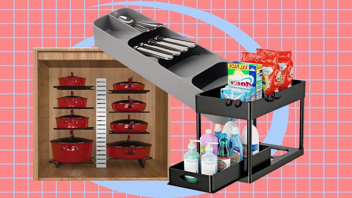 Transform chaos to neat and tidy with this cabinet shelving unit for pots and pans, this space-conscious silverware organizer and the under-the-sink rack for all your cleaning products. 