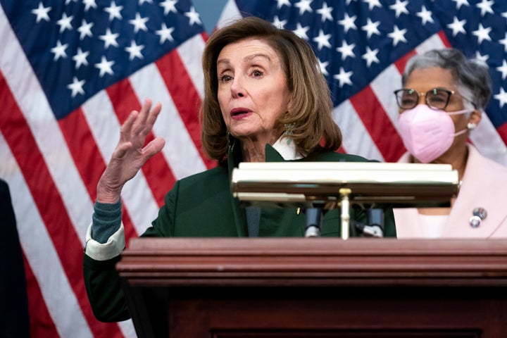 House Speaker Nancy Pelosi (D-Calif.) speaks in February as Rep. Joyce Beatty (D-Ohio), chairwoman of the Congressional Black Caucus looks on at right.