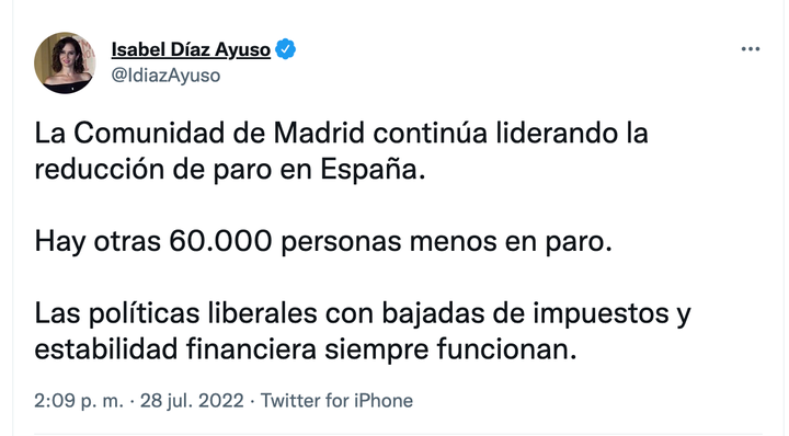 Tuit de Isabel Díaz Ayuso.