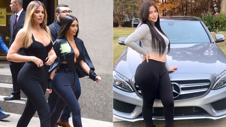 Khloe and Kim Kardashian seen out in Manhattan in 2017. To the right, a photo of Lucero, 25, after she got her Brazilian butt lift.