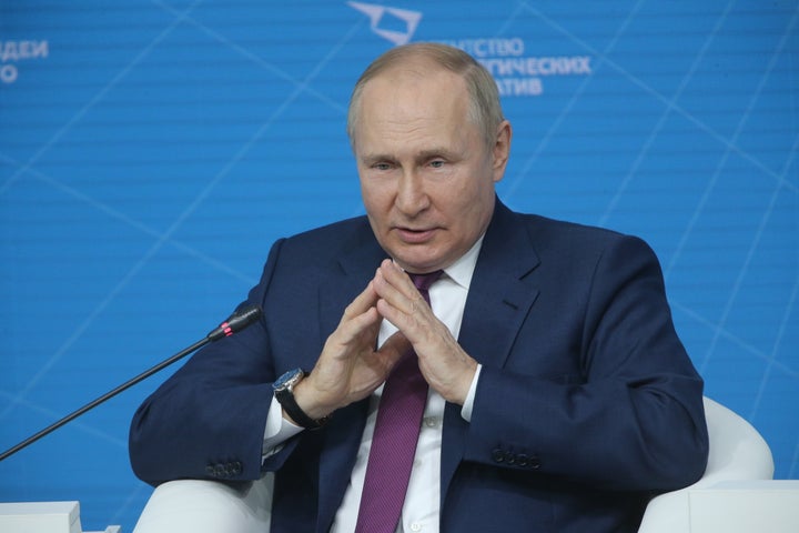 MOSCOW, RUSSIA - JULY 20: (RUSSIA OUT) Russian President Vladimir Putin speeches during the Powerful Ideas For New Times Forum on July 20, 2022 in Moscow, Russia. Putin takes part in the economic forum, hosted by the Agency for Strategic Initiatives (ASI). (Photo by Contributor/Getty Images)