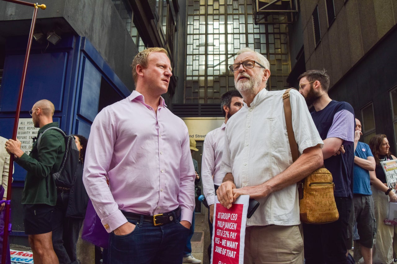 Sam Tarry and former Labour leader Jeremy Corbyn on a CWU picket line.