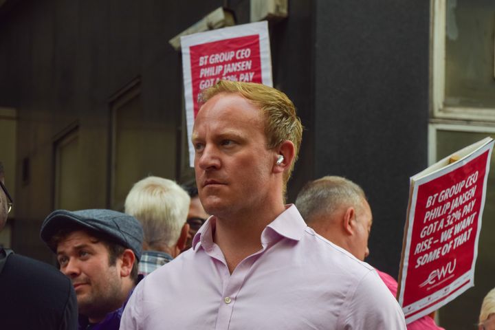 Sam Tarry, who was recently sacked from his position, joins the CWU picket line outside BT Tower in London.