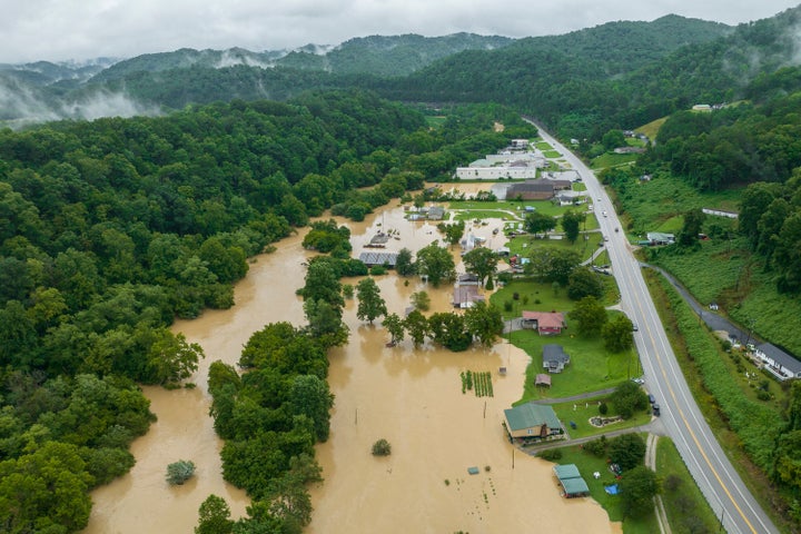 Homes and structures are flooded near Quicksand, Kentucky, on July 28.