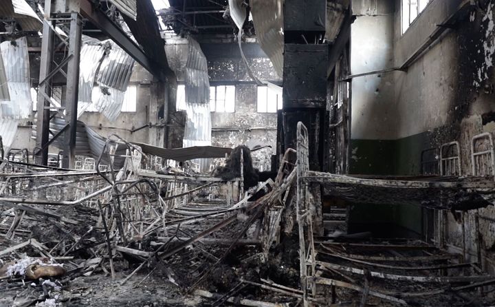A view of destroyed barrack at a prison in Olenivka, an area in eastern Ukraine controlled by Russian-backed separatist forces, is seen on July 29.