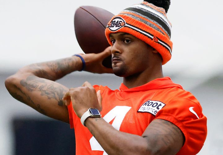 Cleveland Browns quarterback Deshaun Watson throws a pass during the NFL football team's training camp, in Berea, Ohio, Wednesday, July 27, 2022, as a wait for a decision on potential discipline for Watson following accusations of sexual misconduct will continue into another week. (AP Photo/Ron Schwane)