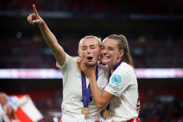 Chloe Kelly and Ella Toone celebrate during the UEFA Women's Euro England 2022 final match between England and Germany at Wembley Stadium.