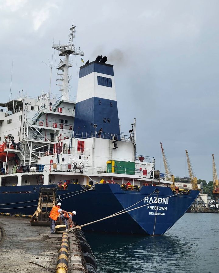 In this photo provided by the Ukrainian Infrastructure Ministry Press Office, the Razoni cargo ship, under the flag of Sierra Leone, with 26,000 tons of the Ukrainian corn aboard, leaves the port in Odesa region, Ukraine, on Aug. 1, 2022. The first ship carrying Ukrainian grain set off from the port of Odesa on Monday under an internationally brokered deal and is expected to reach Istanbul on Tuesday, where it will be inspected, before being allowed to proceed. 