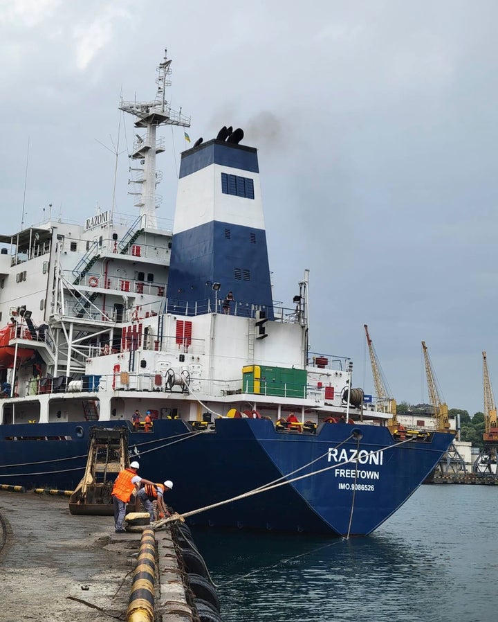 In this photo provided by the Ukrainian Infrastructure Ministry Press Office, the Razoni cargo ship, under the flag of Sierra Leone, with 26,000 tons of the Ukrainian corn aboard, leaves the port in Odesa region, Ukraine, on Aug. 1, 2022. The first ship carrying Ukrainian grain set off from the port of Odesa on Monday under an internationally brokered deal and is expected to reach Istanbul on Tuesday, where it will be inspected, before being allowed to proceed.