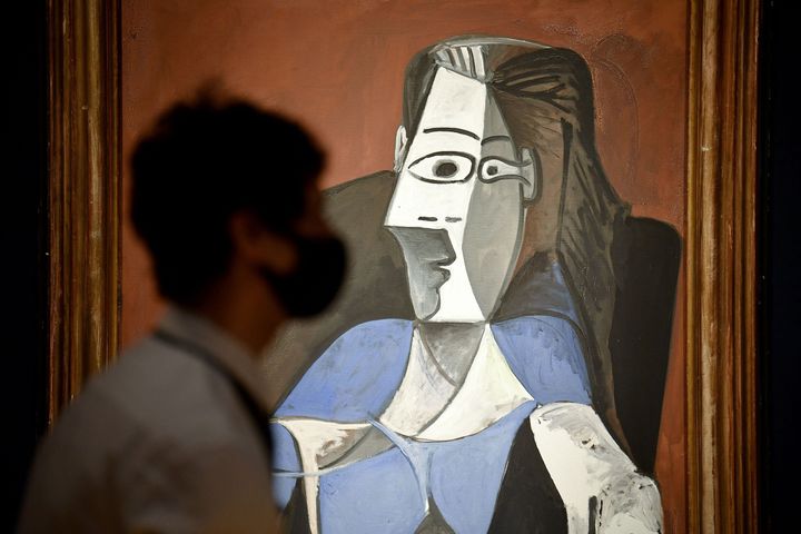 "Femme assise dans un fauteuil noir (Jacqueline)" by Pablo Picasso at Christies auction house in central London on March 16, 2021. 