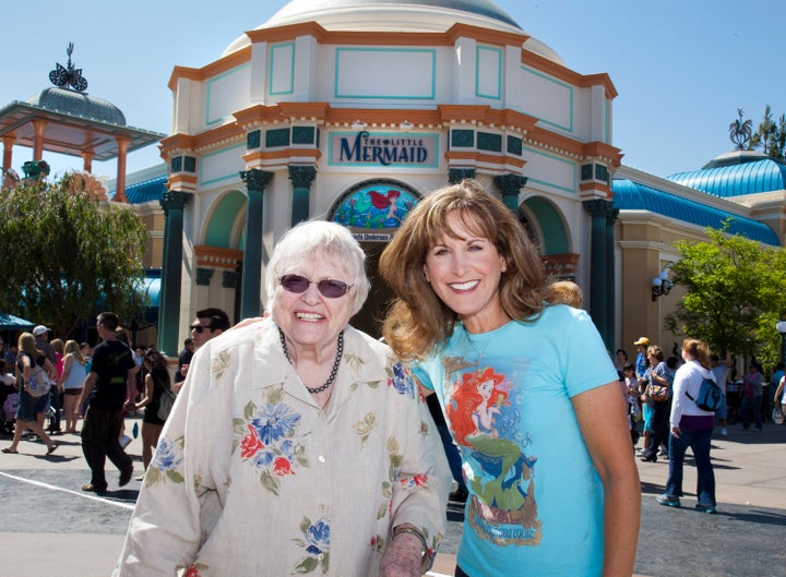 Actresses Pat Carroll and Jodi Benson, who voiced the roles of Ursula and Ariel in Disney's "The Little Mermaid" are reunited at "The Little Mermaid: Ariel's Undersea Adventure" at Disney's California Adventure park on June 1, 2011, in Anaheim, California. 