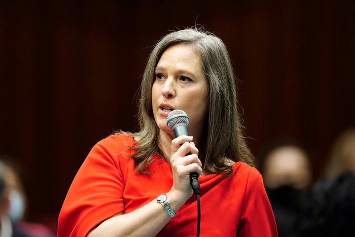 In this Monday, Jan. 10, 2022 file photograph, Shawnna Bolick, a Republican running for Secretary of State for Arizona, speaks at the Arizona Capitol in Phoenix. (AP Photo/Ross D. Franklin, File)