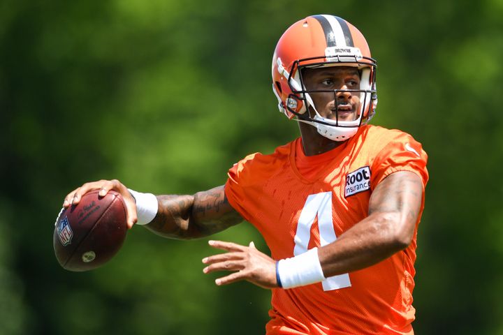 Deshaun Watson of the Cleveland Browns throws a pass during Cleveland Browns training camp at CrossCountry Mortgage Campus on July 30, 2022 in Berea, Ohio. 