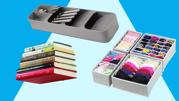 Floating bookshelf, compact cutlery organizer and closet underwear organizer drawer.