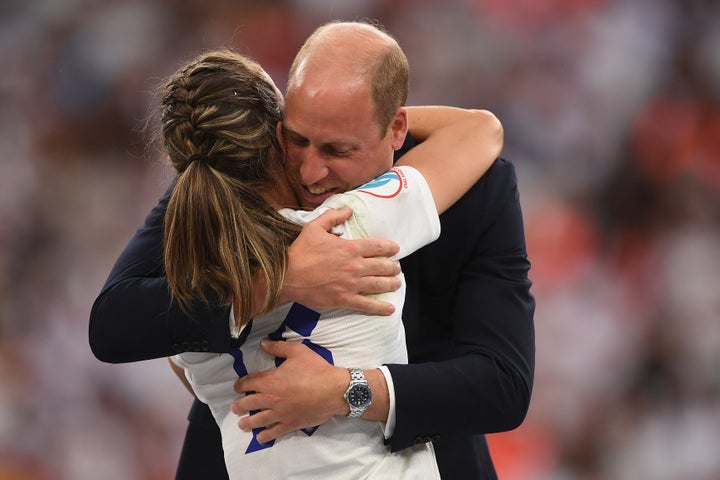 Jill Scott of England is embraced by Prince William after the final whistle of the UEFA Women's Euro 2022 final match between England and Germany on July 31.