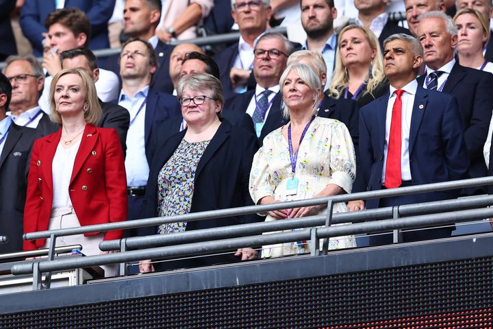 Liz Truss, Therese Coffey and Nadine Dorries with Sadiq Khan at the Euro 2022 Women's final