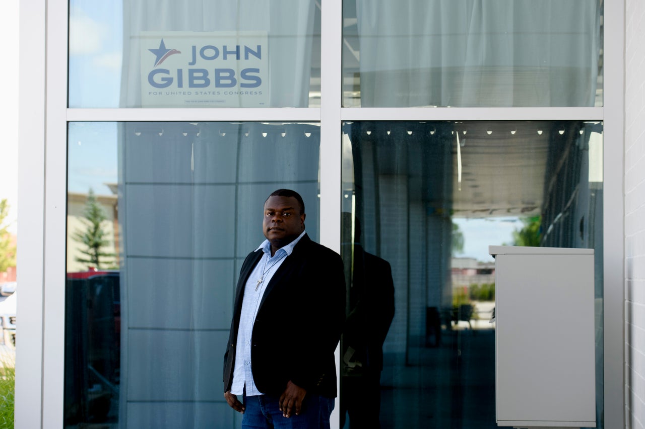 John Gibbs stands outside his campaign headquarters in Byron Center, Michigan, on July 25. Gibbs has limited campaign cash in his bid to primary Meijer, but he has the support of Donald Trump.