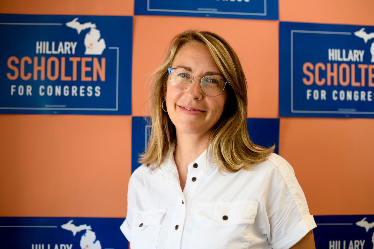 Democratic nominee Hillary Scholten, seen here at her campaign headquarters in Grand Rapids, Michigan, says she is prepared to run against either Meijer or Gibbs for the House seat in Michigan's 3rd District.